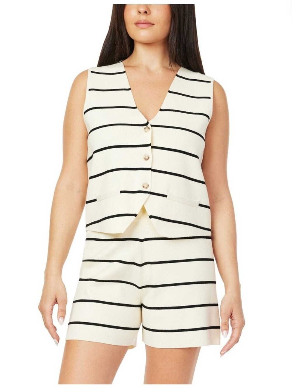 Scotch & Soda Cream and Black Striped Sleeveless Button Vest and Shorts Set